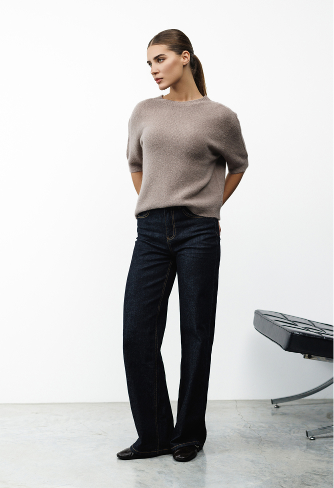Short sleeve alpaca sweater in mocha